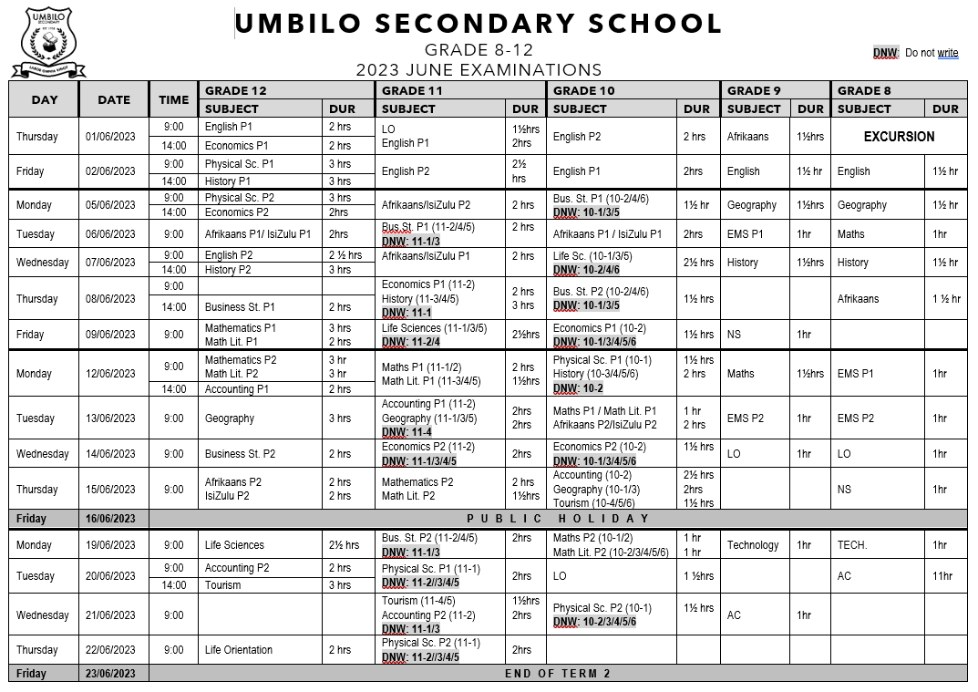 June Examination Timetable - Umbilo Secondary School